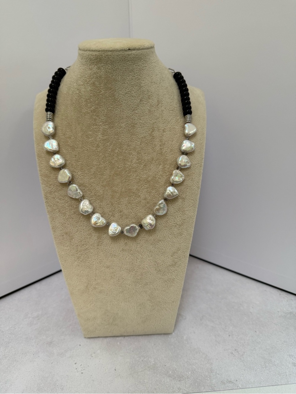 Black Onyx Necklace with Heart Shaped Pearls and Herkimer Diamonds